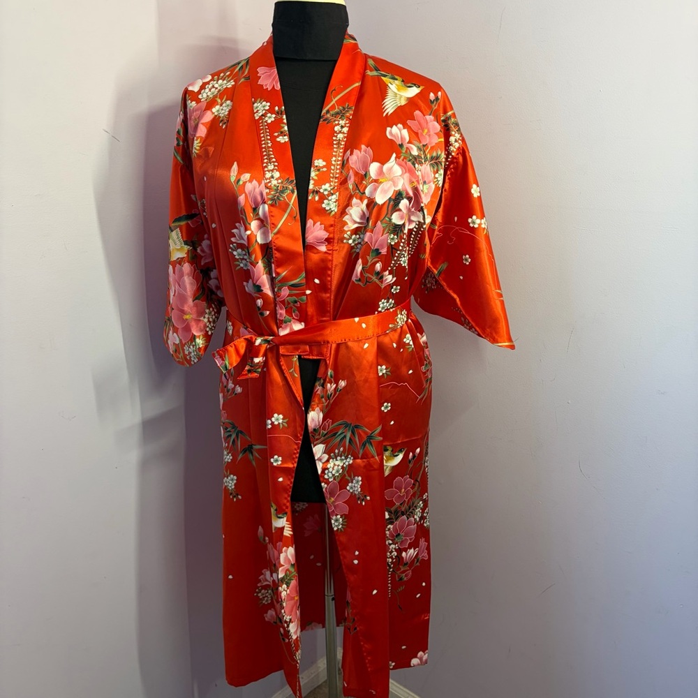 Floral Satin Kimono Robe in Red with Pink Blossom Print